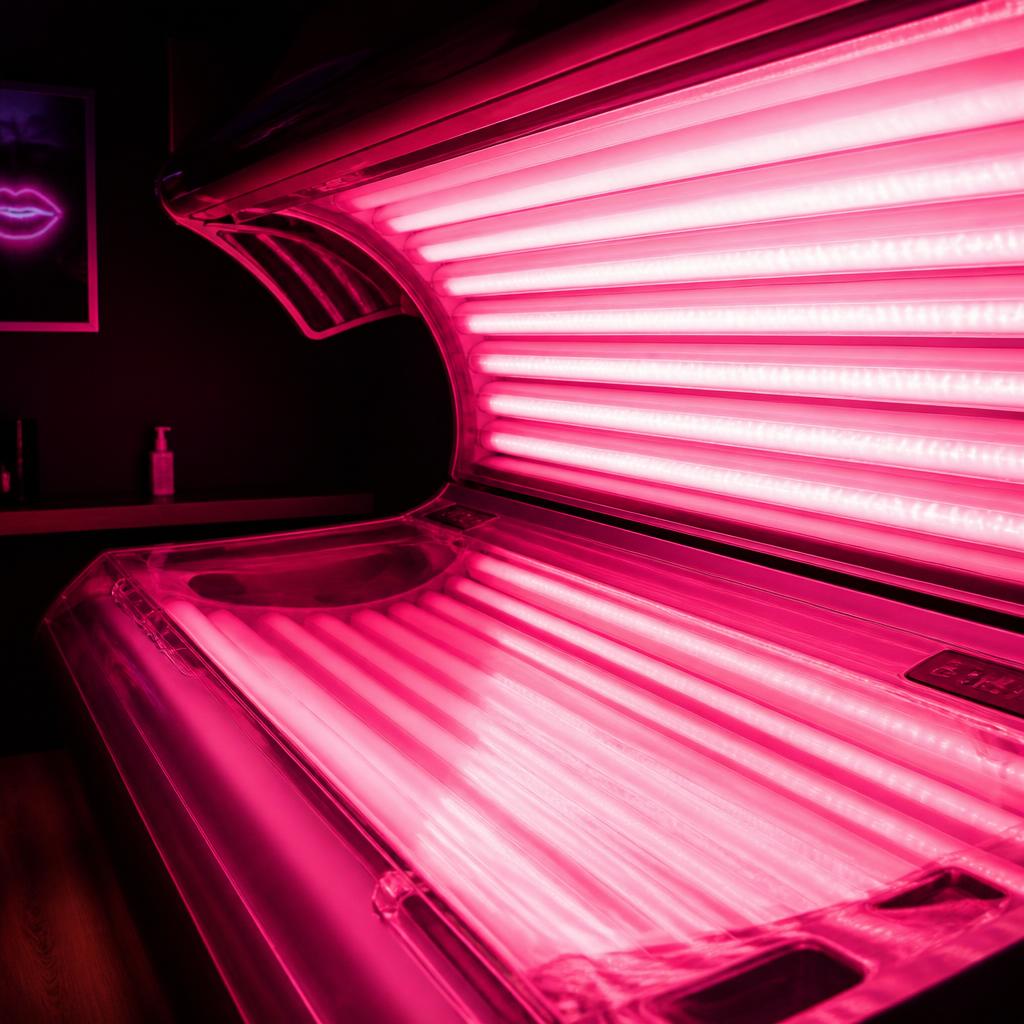Wnętrze solarium rozświetlone intensywnym różowo-czerwonym światłem