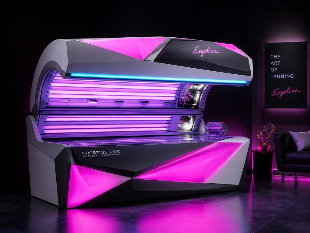 Łóżko opalające Ergoline Prestige 1200 w neonowym różowo-fioletowym świetle
